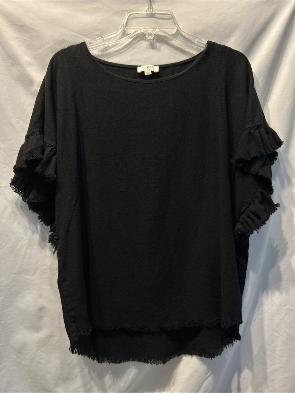 Umgee USA Size Lg Black Linen Blend Dolman Ruffle Sleeves Boxy Raw Hem Witchy